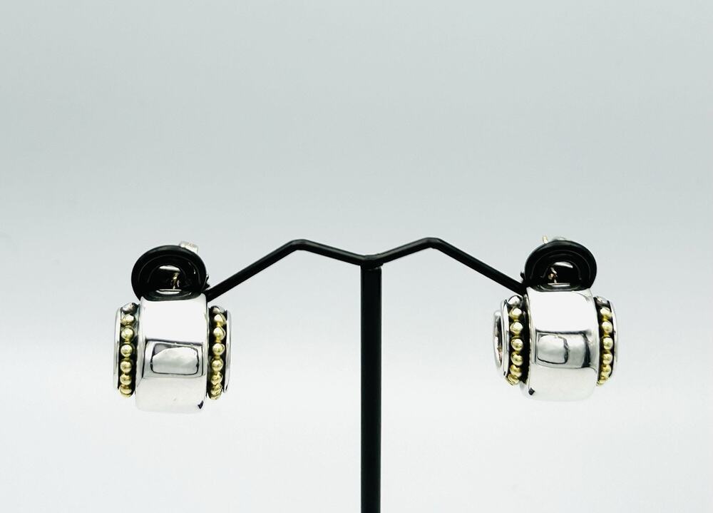Lagos Caviar 925 Sterling Silver 18K Yellow Gold Huggie Hoop Post Earrings